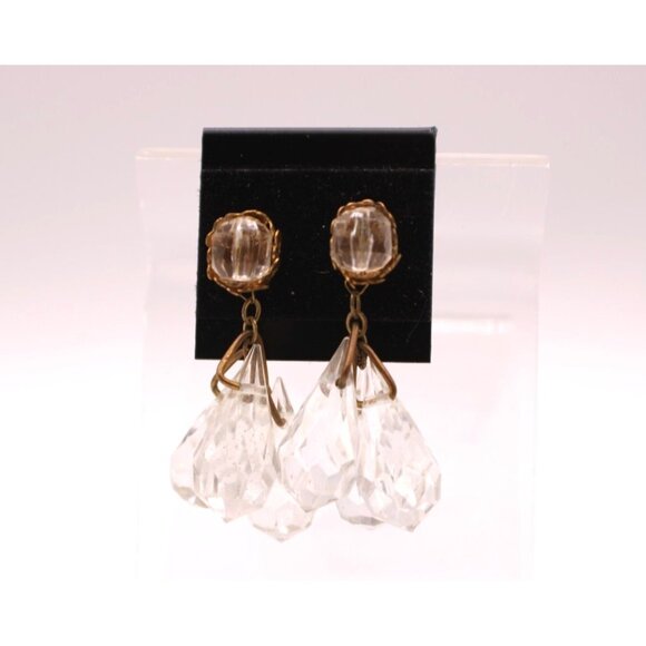 Miriam Haskell Earrings Crystal Briolette Drops Dangle Chandelier Glass Goldtone - Picture 2 of 7